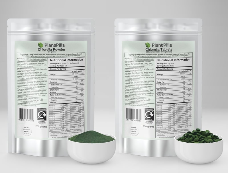 PlantPills Chlorella Pouch and Tablets