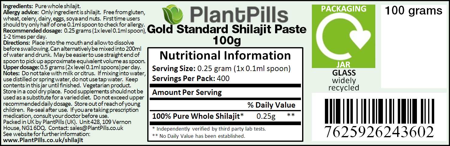 PlantPills Gold Standard Shilajit Paste Label