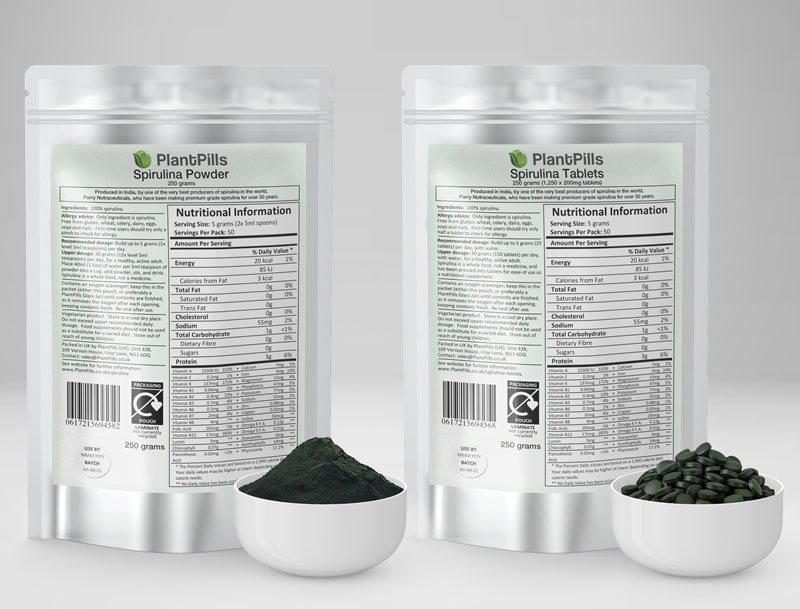 PlantPills Spirulina Pouch and Tablets