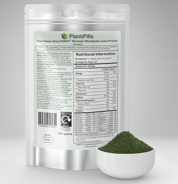 PlantPills Raw Field Grown Freeze Dried Kamut® Wheatgrass Juice Powder with Pouch