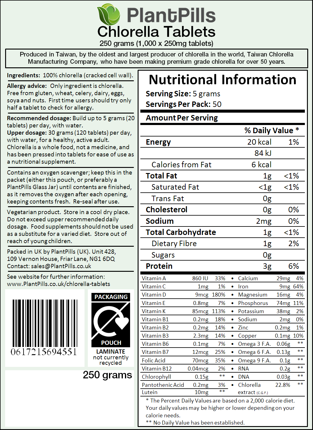 PlantPills Chlorella Tablets Label