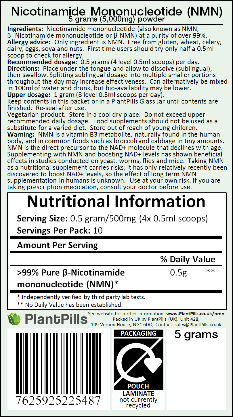 PlantPills Nicotinamide Mononucleotide (NMN) Powder Label