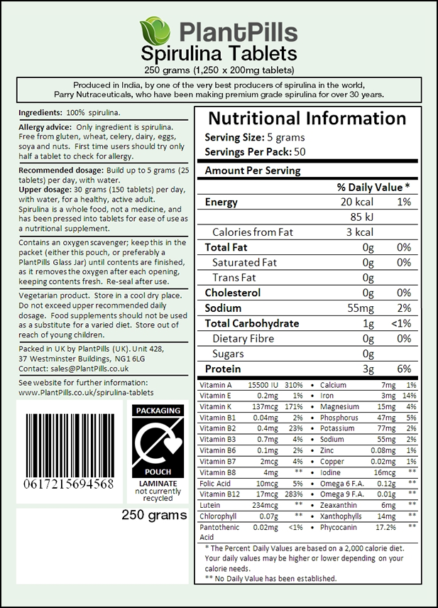 PlantPills Spirulina Tablets Label