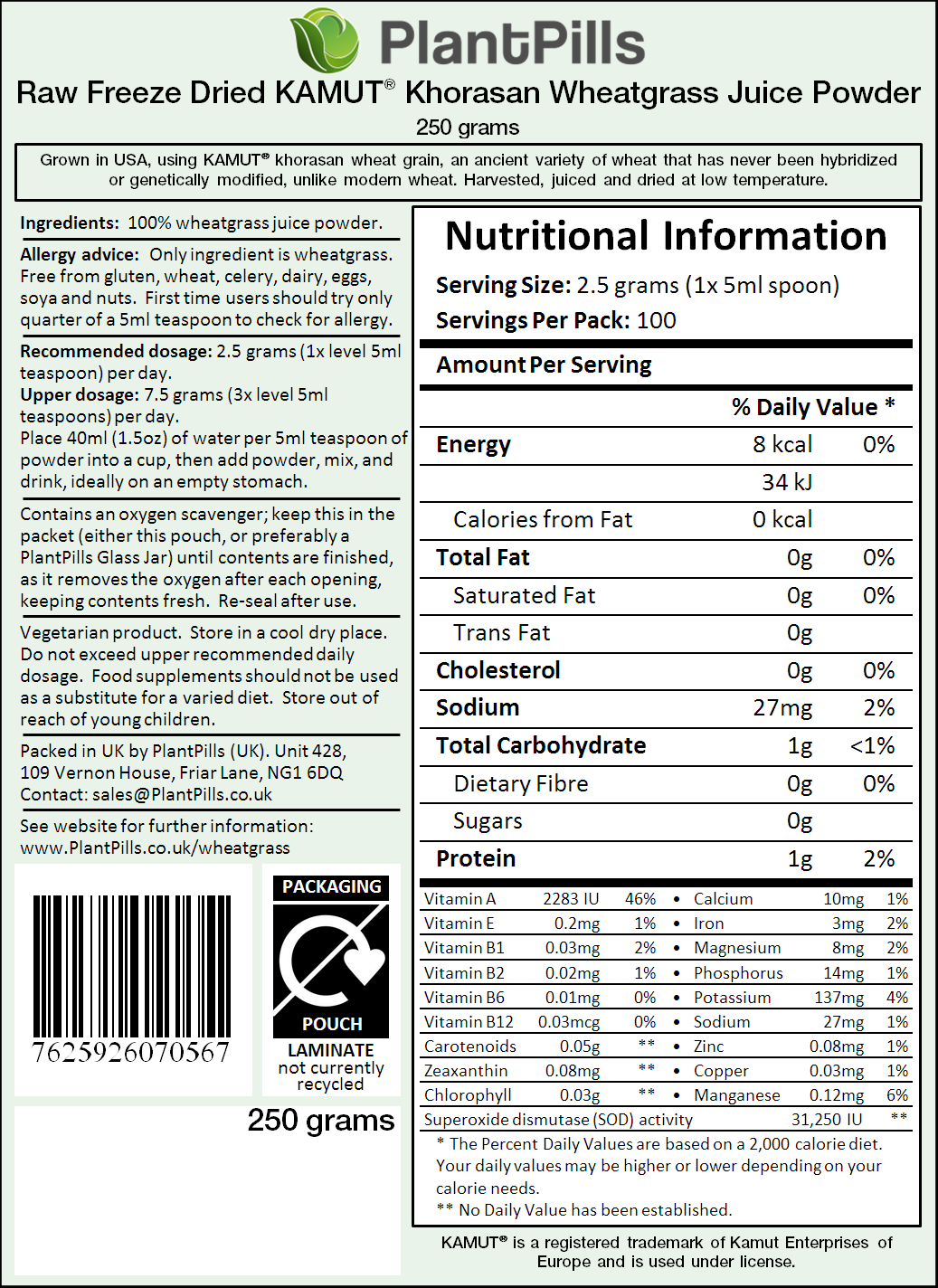 Raw Field Grown Freeze Dried Kamut® Wheatgrass Juice Powder Label